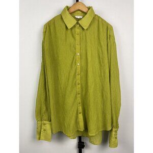 Beivy Green Crinkle Long Sleeve Button Up Collared Lightweight Blouse Top Size L
